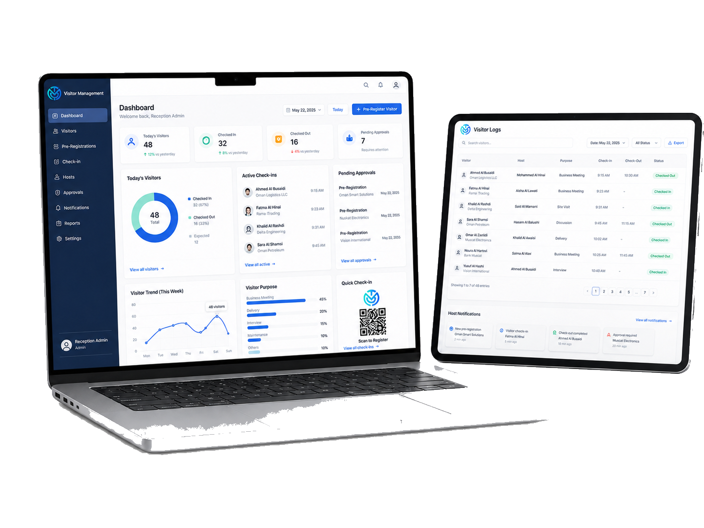 Admin Portal dashboard on laptop and visitor logs on tablet