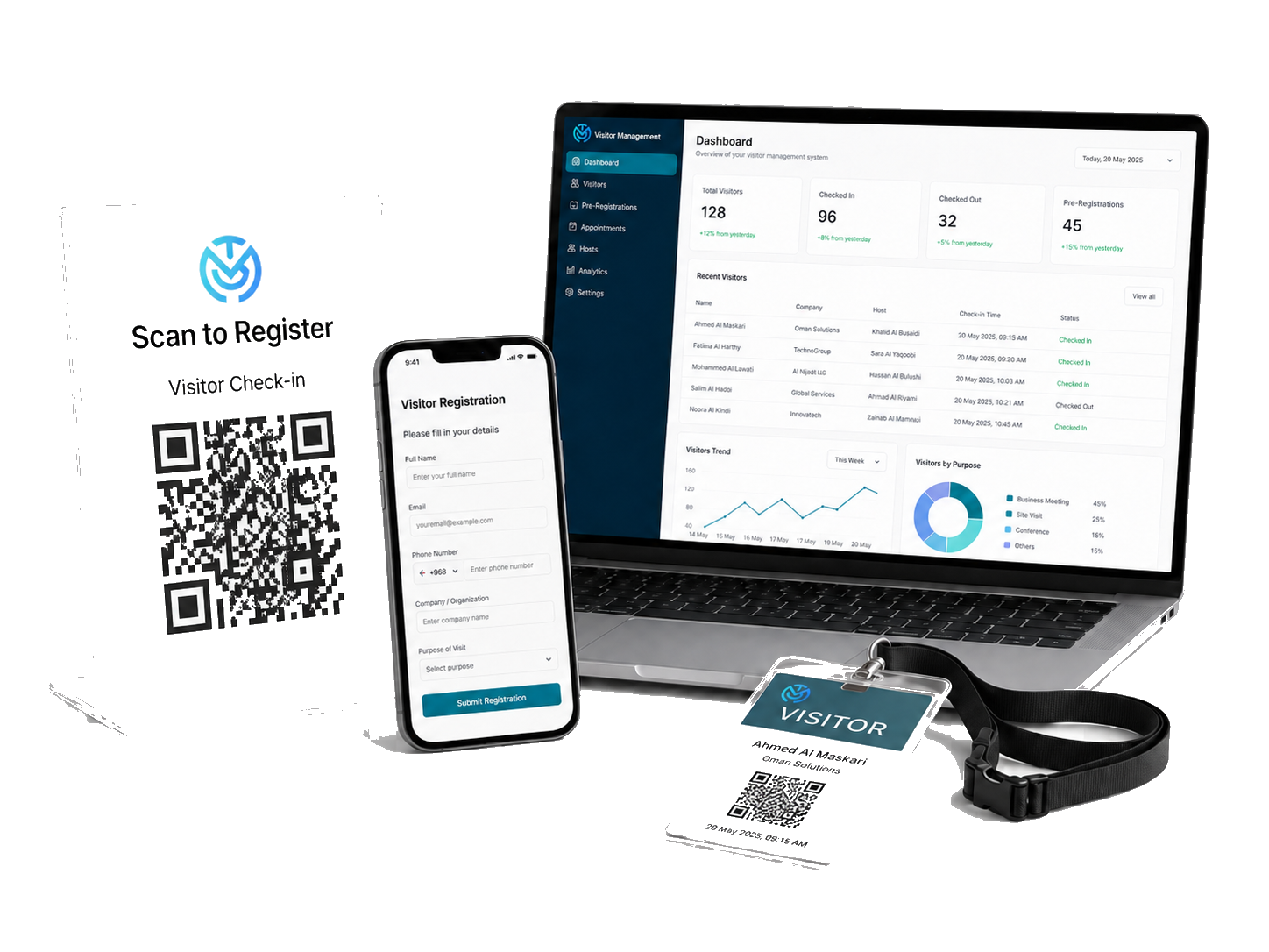 QR stand, visitor registration on phone, Admin dashboard, and visitor badge