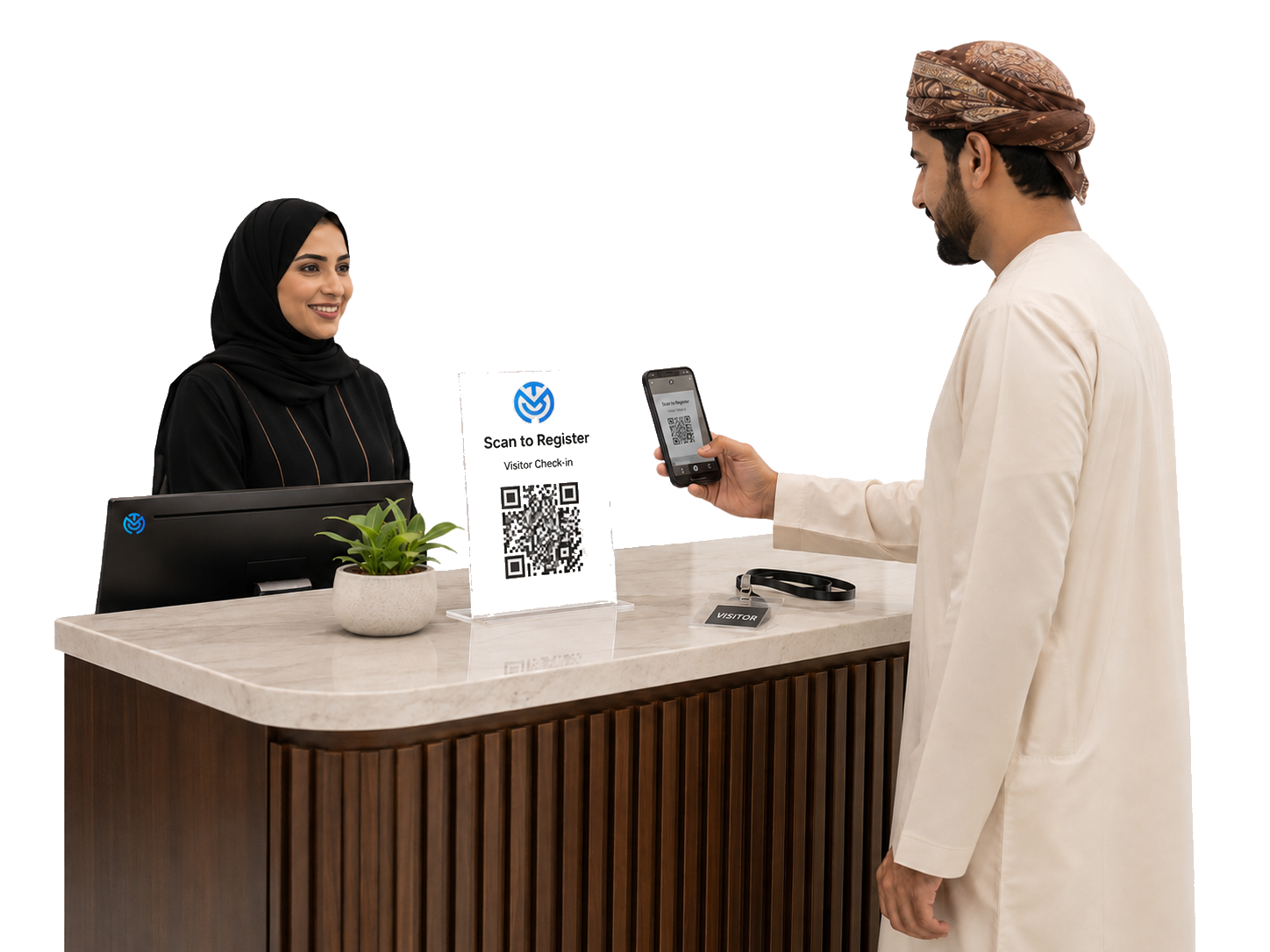 Visitor scanning the check-in QR at reception