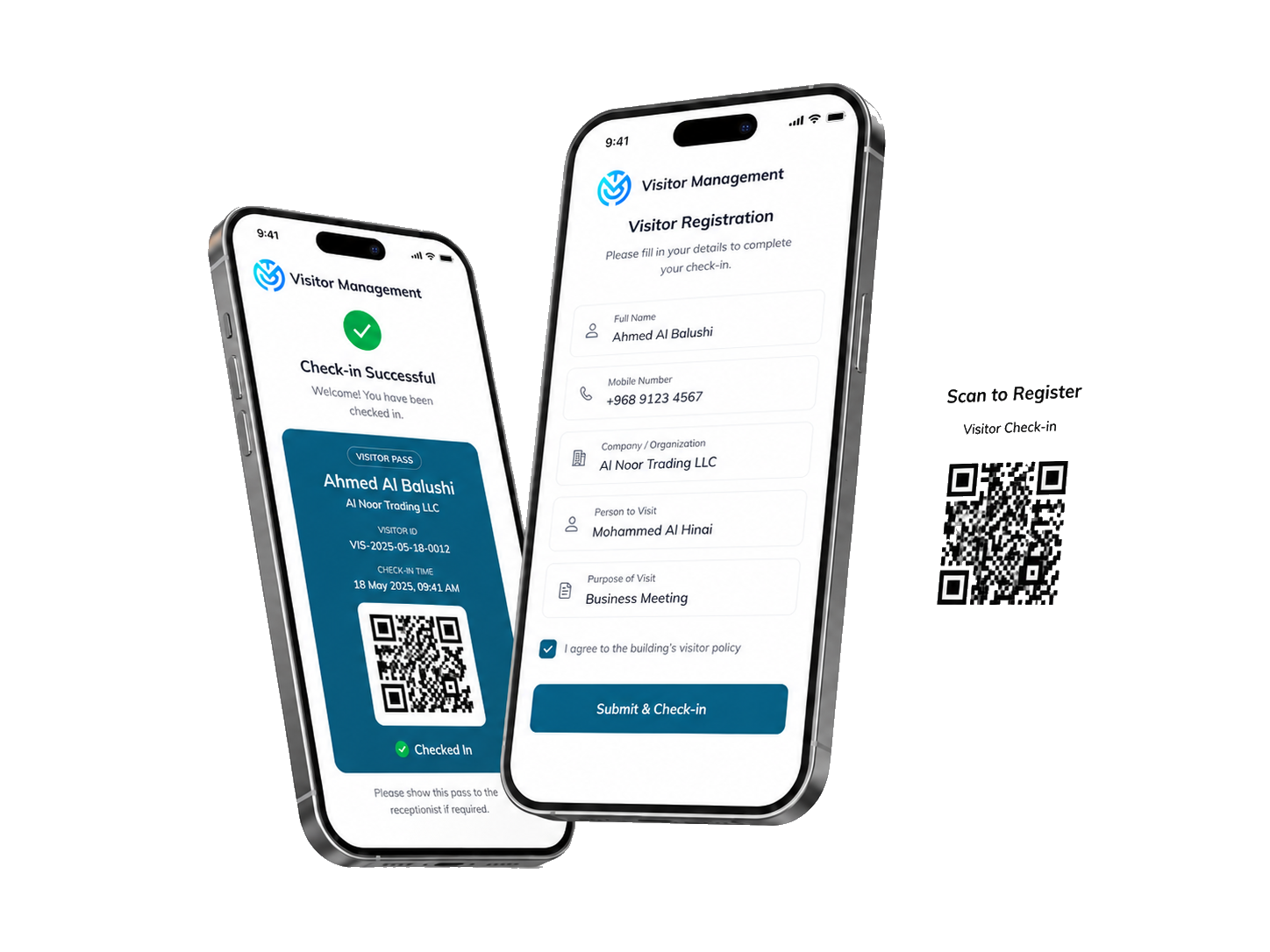 Visitor app — registration form and check-in pass